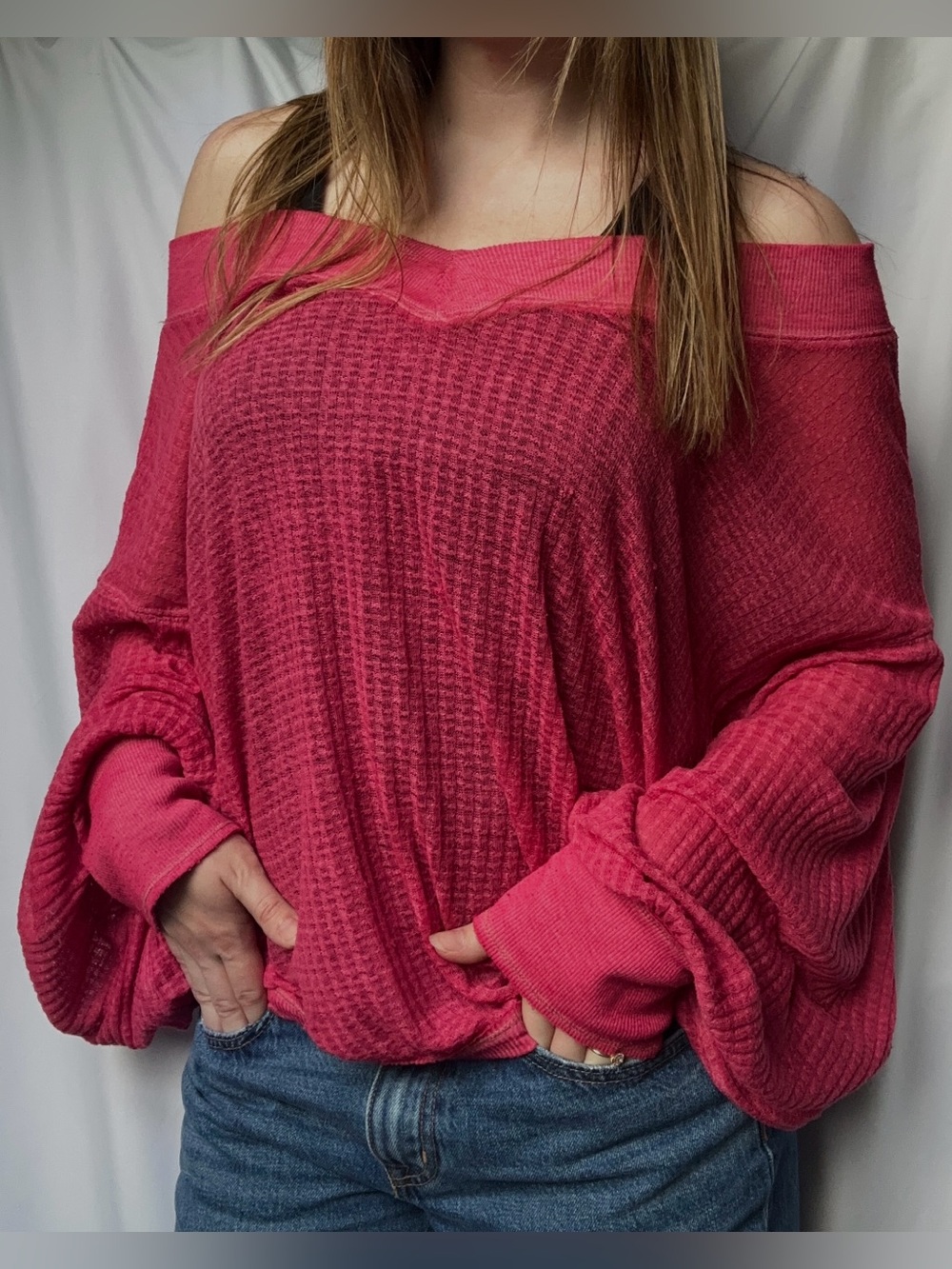 We The Free Off-the-Shoulder Waffle Knit Sweater in Hot Pink